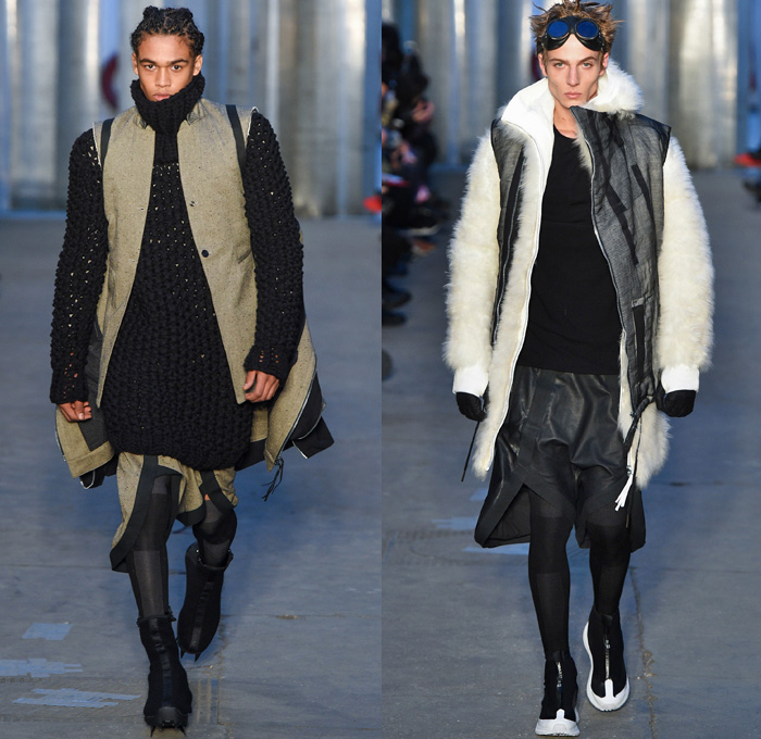 Boris Bidjan Saberi 2017-2018 Fall Autumn Winter Mens Runway Catwalk Looks - Milano Moda Uomo Collezione Milan Fashion Week Italy Camera Nazionale della Moda Italiana - Outdoorsman Mountaineering Mountain Climbing Hiking Trek Activewear Restrained Harness Straps Ropes Mesh Knots Shaggy Plush Fur Outerwear Coat Parka Vest Hood Baggy Loose Tapered Chunky Knit Sweater Turtleneck Crop Top Midriff Leather Jacket Jogger Sweatpants Metallic Sheen Snow Boots Spikes Beanie Knit Cap Shorts Over Leggings Trainers Sunglasses Goggles Gloves Backpack Bag