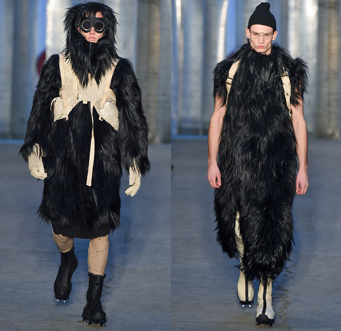 Boris Bidjan Saberi 2017-2018 Fall Autumn Winter Mens Runway Catwalk Looks - Milano Moda Uomo Collezione Milan Fashion Week Italy Camera Nazionale della Moda Italiana - Outdoorsman Mountaineering Mountain Climbing Hiking Trek Activewear Restrained Harness Straps Ropes Mesh Knots Shaggy Plush Fur Outerwear Coat Parka Vest Hood Baggy Loose Tapered Chunky Knit Sweater Turtleneck Crop Top Midriff Leather Jacket Jogger Sweatpants Metallic Sheen Snow Boots Spikes Beanie Knit Cap Shorts Over Leggings Trainers Sunglasses Goggles Gloves Backpack Bag