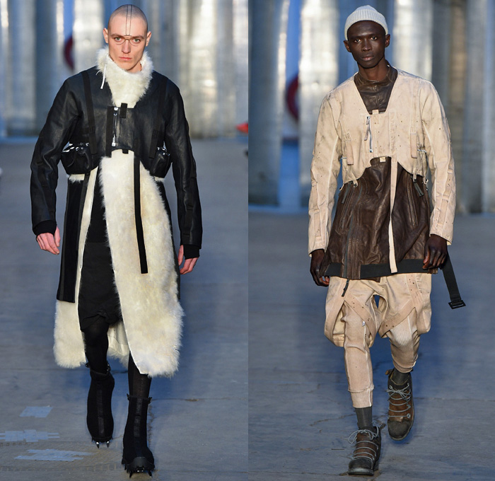 Boris Bidjan Saberi 2017-2018 Fall Autumn Winter Mens Runway Catwalk Looks - Milano Moda Uomo Collezione Milan Fashion Week Italy Camera Nazionale della Moda Italiana - Outdoorsman Mountaineering Mountain Climbing Hiking Trek Activewear Restrained Harness Straps Ropes Mesh Knots Shaggy Plush Fur Outerwear Coat Parka Vest Hood Baggy Loose Tapered Chunky Knit Sweater Turtleneck Crop Top Midriff Leather Jacket Jogger Sweatpants Metallic Sheen Snow Boots Spikes Beanie Knit Cap Shorts Over Leggings Trainers Sunglasses Goggles Gloves Backpack Bag