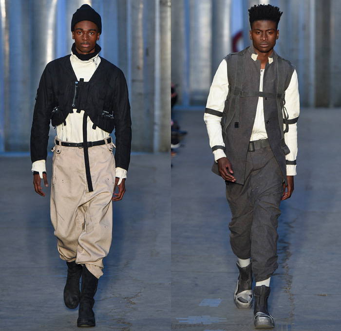 Boris Bidjan Saberi 2017-2018 Fall Autumn Winter Mens Runway Catwalk Looks - Milano Moda Uomo Collezione Milan Fashion Week Italy Camera Nazionale della Moda Italiana - Outdoorsman Mountaineering Mountain Climbing Hiking Trek Activewear Restrained Harness Straps Ropes Mesh Knots Shaggy Plush Fur Outerwear Coat Parka Vest Hood Baggy Loose Tapered Chunky Knit Sweater Turtleneck Crop Top Midriff Leather Jacket Jogger Sweatpants Metallic Sheen Snow Boots Spikes Beanie Knit Cap Shorts Over Leggings Trainers Sunglasses Goggles Gloves Backpack Bag