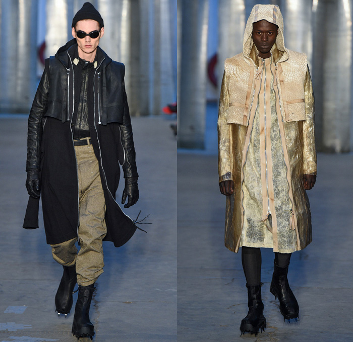 Boris Bidjan Saberi 2017-2018 Fall Autumn Winter Mens Runway Catwalk Looks - Milano Moda Uomo Collezione Milan Fashion Week Italy Camera Nazionale della Moda Italiana - Outdoorsman Mountaineering Mountain Climbing Hiking Trek Activewear Restrained Harness Straps Ropes Mesh Knots Shaggy Plush Fur Outerwear Coat Parka Vest Hood Baggy Loose Tapered Chunky Knit Sweater Turtleneck Crop Top Midriff Leather Jacket Jogger Sweatpants Metallic Sheen Snow Boots Spikes Beanie Knit Cap Shorts Over Leggings Trainers Sunglasses Goggles Gloves Backpack Bag