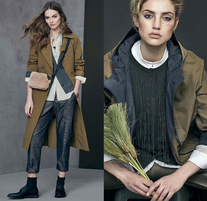 Brunello Cucinelli 2017-2018 Fall Autumn Winter Womens Lookbook Presentation - Milano Moda Donna Collezione Milan Fashion Week Italy - Alpaca Cashmere Vellum Velvet Suede Mohair Silk Satin Sheer Chiffon Tulle Plush Fur Shearling Outerwear Trench Coat Overcoat Hanging Sleeve Blazer Blouse Hooded Sweatshirt Stripes Quilted Waffle Puffer Down Bomber Jacket Chunky Knit Tweed Turtleneck Sweater Jumper Cardigan Crop Top Cutout Shoulders Fringes Corduroy Motorcycle Biker Vest Paper Bag Waist Metallic Sheen Tuxedo Stripe Denim Jeans Tiered Skirt Frock Wide Leg Trousers Palazzo Pants Tote Crossbody Handbag Purse Military Boots Flats Oxfords Street Cap