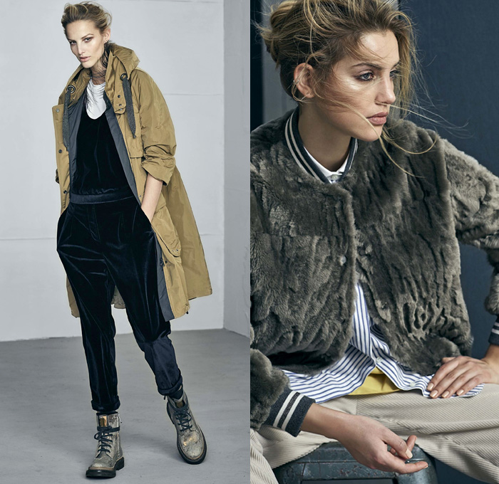 Brunello Cucinelli 2017-2018 Fall Autumn Winter Womens Lookbook Presentation - Milano Moda Donna Collezione Milan Fashion Week Italy - Alpaca Cashmere Vellum Velvet Suede Mohair Silk Satin Sheer Chiffon Tulle Plush Fur Shearling Outerwear Trench Coat Overcoat Hanging Sleeve Blazer Blouse Hooded Sweatshirt Stripes Quilted Waffle Puffer Down Bomber Jacket Chunky Knit Tweed Turtleneck Sweater Jumper Cardigan Crop Top Cutout Shoulders Fringes Corduroy Motorcycle Biker Vest Paper Bag Waist Metallic Sheen Tuxedo Stripe Denim Jeans Tiered Skirt Frock Wide Leg Trousers Palazzo Pants Tote Crossbody Handbag Purse Military Boots Flats Oxfords Street Cap