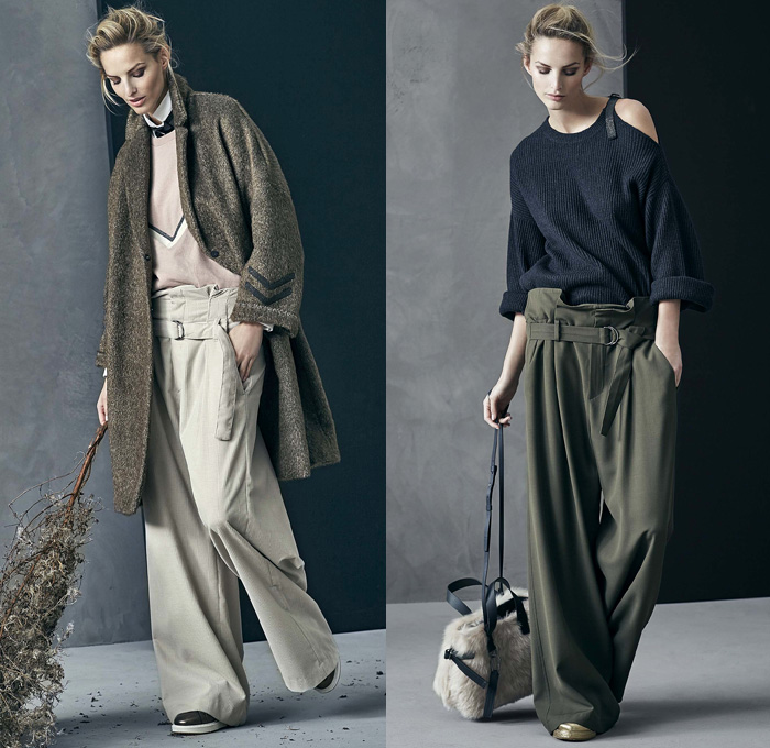 Brunello Cucinelli 2017-2018 Fall Autumn Winter Womens Lookbook Presentation - Milano Moda Donna Collezione Milan Fashion Week Italy - Alpaca Cashmere Vellum Velvet Suede Mohair Silk Satin Sheer Chiffon Tulle Plush Fur Shearling Outerwear Trench Coat Overcoat Hanging Sleeve Blazer Blouse Hooded Sweatshirt Stripes Quilted Waffle Puffer Down Bomber Jacket Chunky Knit Tweed Turtleneck Sweater Jumper Cardigan Crop Top Cutout Shoulders Fringes Corduroy Motorcycle Biker Vest Paper Bag Waist Metallic Sheen Tuxedo Stripe Denim Jeans Tiered Skirt Frock Wide Leg Trousers Palazzo Pants Tote Crossbody Handbag Purse Military Boots Flats Oxfords Street Cap