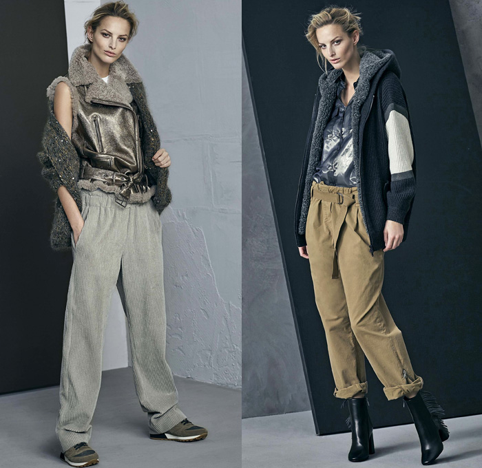 Brunello Cucinelli 2017-2018 Fall Autumn Winter Womens Lookbook Presentation - Milano Moda Donna Collezione Milan Fashion Week Italy - Alpaca Cashmere Vellum Velvet Suede Mohair Silk Satin Sheer Chiffon Tulle Plush Fur Shearling Outerwear Trench Coat Overcoat Hanging Sleeve Blazer Blouse Hooded Sweatshirt Stripes Quilted Waffle Puffer Down Bomber Jacket Chunky Knit Tweed Turtleneck Sweater Jumper Cardigan Crop Top Cutout Shoulders Fringes Corduroy Motorcycle Biker Vest Paper Bag Waist Metallic Sheen Tuxedo Stripe Denim Jeans Tiered Skirt Frock Wide Leg Trousers Palazzo Pants Tote Crossbody Handbag Purse Military Boots Flats Oxfords Street Cap