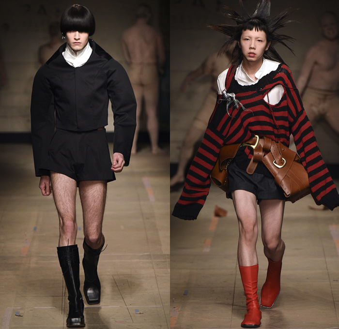 Charles Jeffrey Loverboy 2017-2018 Fall Autumn Winter Mens Runway Catwalk Looks - London Collections Fashion Week Mens British Fashion Council UK United Kingdom - Fantasy Clay Costume Pagan Papier-Mâché Goddesses Outerwear Coat Parka Bomber Jacket Shorts Stripes Ripped Destroyed Knit Sweater Jumper Wide Leg Trousers Extra Panels Swirls Portrait Illustration Graphic Ruffles Shearling Velvet Pinstripe Suitall Coveralls Onesie Turtleneck Drawstring Shirtdress Belt Straps Leather Boots Leather Fanny Pack Waist Pouch Belt Bag Organic Shape Volcano Union Jack Rocket Mushroom Denim Jeans