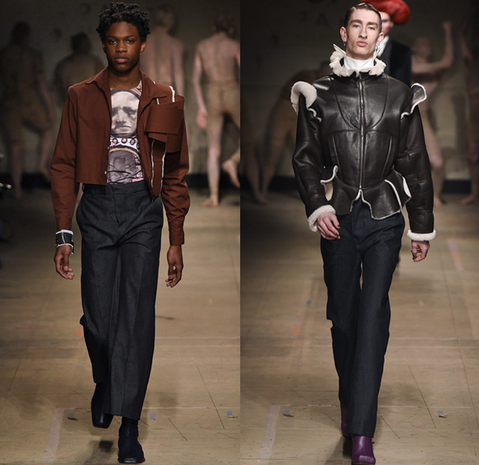 Charles Jeffrey Loverboy 2017-2018 Fall Autumn Winter Mens Runway Catwalk Looks - London Collections Fashion Week Mens British Fashion Council UK United Kingdom - Fantasy Clay Costume Pagan Papier-Mâché Goddesses Outerwear Coat Parka Bomber Jacket Shorts Stripes Ripped Destroyed Knit Sweater Jumper Wide Leg Trousers Extra Panels Swirls Portrait Illustration Graphic Ruffles Shearling Velvet Pinstripe Suitall Coveralls Onesie Turtleneck Drawstring Shirtdress Belt Straps Leather Boots Leather Fanny Pack Waist Pouch Belt Bag Organic Shape Volcano Union Jack Rocket Mushroom Denim Jeans