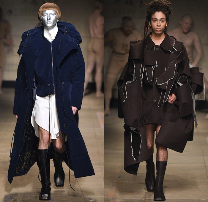 Charles Jeffrey Loverboy 2017-2018 Fall Autumn Winter Mens Runway Catwalk Looks - London Collections Fashion Week Mens British Fashion Council UK United Kingdom - Fantasy Clay Costume Pagan Papier-Mâché Goddesses Outerwear Coat Parka Bomber Jacket Shorts Stripes Ripped Destroyed Knit Sweater Jumper Wide Leg Trousers Extra Panels Swirls Portrait Illustration Graphic Ruffles Shearling Velvet Pinstripe Suitall Coveralls Onesie Turtleneck Drawstring Shirtdress Belt Straps Leather Boots Leather Fanny Pack Waist Pouch Belt Bag Organic Shape Volcano Union Jack Rocket Mushroom Denim Jeans
