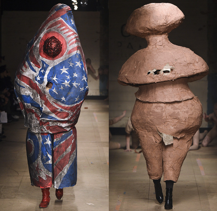 Charles Jeffrey Loverboy 2017-2018 Fall Autumn Winter Mens Runway Catwalk Looks - London Collections Fashion Week Mens British Fashion Council UK United Kingdom - Fantasy Clay Costume Pagan Papier-Mâché Goddesses Outerwear Coat Parka Bomber Jacket Shorts Stripes Ripped Destroyed Knit Sweater Jumper Wide Leg Trousers Extra Panels Swirls Portrait Illustration Graphic Ruffles Shearling Velvet Pinstripe Suitall Coveralls Onesie Turtleneck Drawstring Shirtdress Belt Straps Leather Boots Leather Fanny Pack Waist Pouch Belt Bag Organic Shape Volcano Union Jack Rocket Mushroom Denim Jeans