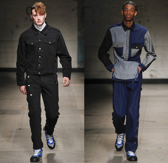 Christopher Shannon 2017-2018 Fall Autumn Winter Mens Runway Catwalk Looks - London Collections Fashion Week Mens British Fashion Council UK United Kingdom - Workwear Painter's Overalls Onesie Jumpsuit Nylon Shredded Flag Headwear Mask Cargo Pockets Snap Buttons Tearaway Long Sleeve Shirt Leggings Turtleneck Knitwear Sweater Jumper Fleece Half & Half Hooded Sweatshirt Quilted Waffle Puffer Down Jacket Cutout Cut Out Slouchy Baggy Oversized Outerwear Coat Parka Denim Jeans Trucker Jacket Shorts Faded Constant Stress Loss International Tumbleweed Trainers