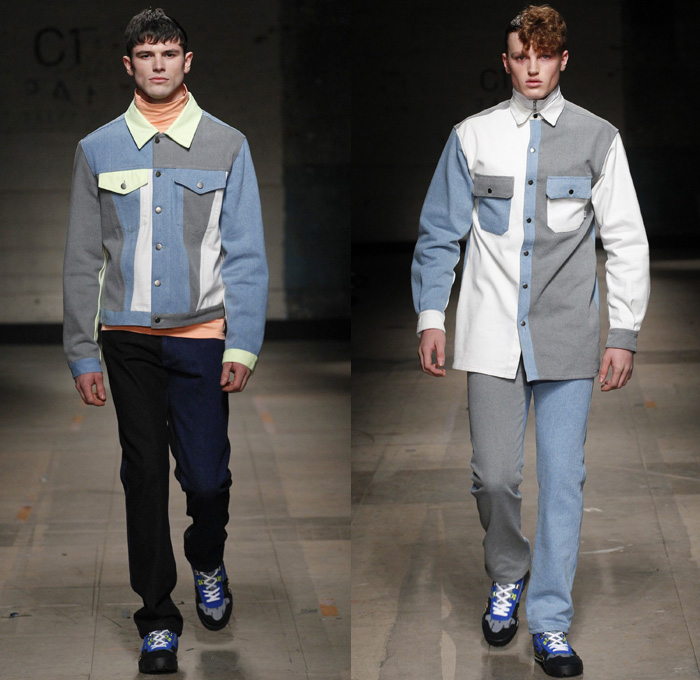 Christopher Shannon 2017-2018 Fall Autumn Winter Mens Runway Catwalk Looks - London Collections Fashion Week Mens British Fashion Council UK United Kingdom - Workwear Painter's Overalls Onesie Jumpsuit Nylon Shredded Flag Headwear Mask Cargo Pockets Snap Buttons Tearaway Long Sleeve Shirt Leggings Turtleneck Knitwear Sweater Jumper Fleece Half & Half Hooded Sweatshirt Quilted Waffle Puffer Down Jacket Cutout Cut Out Slouchy Baggy Oversized Outerwear Coat Parka Denim Jeans Trucker Jacket Shorts Faded Constant Stress Loss International Tumbleweed Trainers