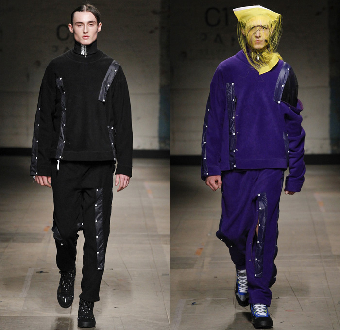 Christopher Shannon 2017-2018 Fall Autumn Winter Mens Runway Catwalk Looks - London Collections Fashion Week Mens British Fashion Council UK United Kingdom - Workwear Painter's Overalls Onesie Jumpsuit Nylon Shredded Flag Headwear Mask Cargo Pockets Snap Buttons Tearaway Long Sleeve Shirt Leggings Turtleneck Knitwear Sweater Jumper Fleece Half & Half Hooded Sweatshirt Quilted Waffle Puffer Down Jacket Cutout Cut Out Slouchy Baggy Oversized Outerwear Coat Parka Denim Jeans Trucker Jacket Shorts Faded Constant Stress Loss International Tumbleweed Trainers