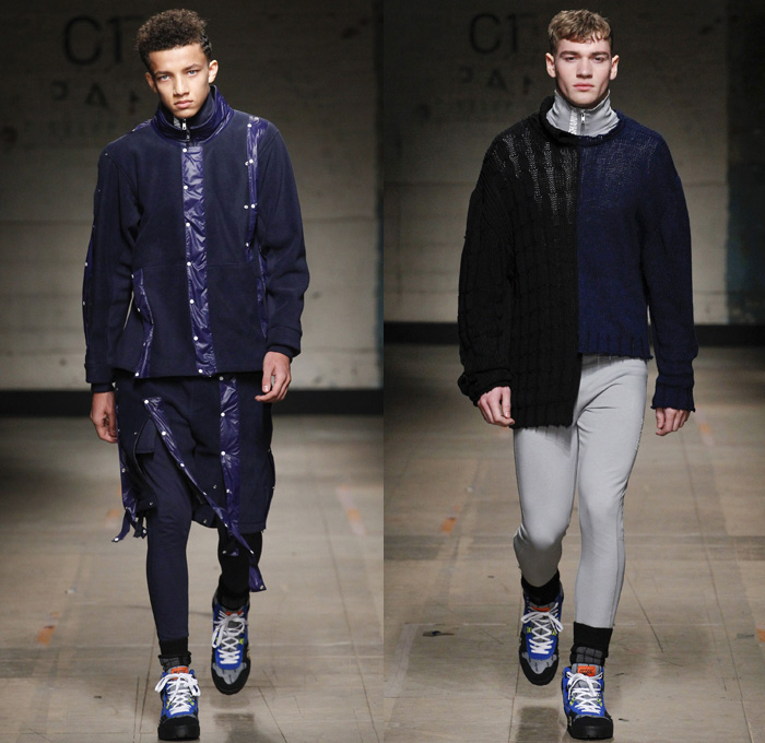 Christopher Shannon 2017-2018 Fall Autumn Winter Mens Runway Catwalk Looks - London Collections Fashion Week Mens British Fashion Council UK United Kingdom - Workwear Painter's Overalls Onesie Jumpsuit Nylon Shredded Flag Headwear Mask Cargo Pockets Snap Buttons Tearaway Long Sleeve Shirt Leggings Turtleneck Knitwear Sweater Jumper Fleece Half & Half Hooded Sweatshirt Quilted Waffle Puffer Down Jacket Cutout Cut Out Slouchy Baggy Oversized Outerwear Coat Parka Denim Jeans Trucker Jacket Shorts Faded Constant Stress Loss International Tumbleweed Trainers