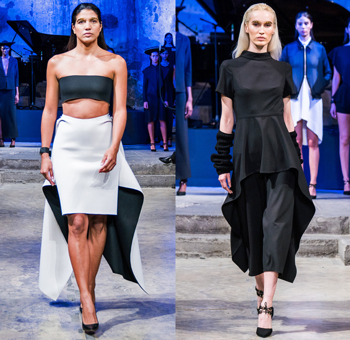 cihuah 2017-2018 Fall Winter Womens Runway Catwalk Looks - Mercedes-Benz Fashion Week Mexico City Moda Otoño Invierno 2017 MBFWMX - Outerwear Coatdress Geometric Peel Away Folded Dovetail Mullet High-low Sheer Chiffon Waterfall Skirt Bandeau Maxi Dress Peplum Cutout Hanging Sleeve Capelet Drapery One Shoulder Fins Turtleneck Vest Waistcoat Onesie Jumpsuit Coveralls Dungarees Dress Over Culottes Pleats Shorts Buttoned Hem Triangular Wide Leg Trousers Palazzo Pants Arm Warmers O-Ring Belt Angular Asymmetrical Hem Hat Sombrero