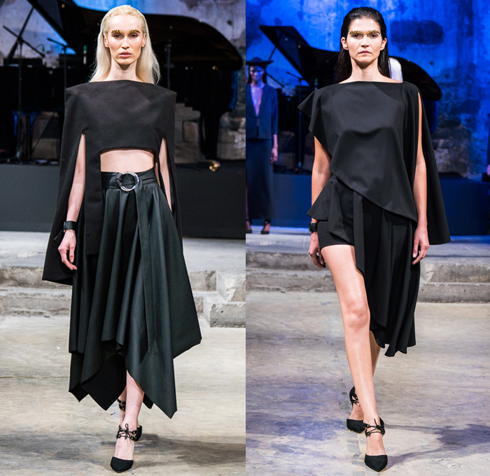 cihuah 2017-2018 Fall Winter Womens Runway Catwalk Looks - Mercedes-Benz Fashion Week Mexico City Moda Otoño Invierno 2017 MBFWMX - Outerwear Coatdress Geometric Peel Away Folded Dovetail Mullet High-low Sheer Chiffon Waterfall Skirt Bandeau Maxi Dress Peplum Cutout Hanging Sleeve Capelet Drapery One Shoulder Fins Turtleneck Vest Waistcoat Onesie Jumpsuit Coveralls Dungarees Dress Over Culottes Pleats Shorts Buttoned Hem Triangular Wide Leg Trousers Palazzo Pants Arm Warmers O-Ring Belt Angular Asymmetrical Hem Hat Sombrero