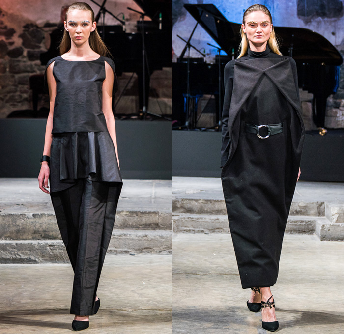 cihuah 2017-2018 Fall Winter Womens Runway Catwalk Looks - Mercedes-Benz Fashion Week Mexico City Moda Otoño Invierno 2017 MBFWMX - Outerwear Coatdress Geometric Peel Away Folded Dovetail Mullet High-low Sheer Chiffon Waterfall Skirt Bandeau Maxi Dress Peplum Cutout Hanging Sleeve Capelet Drapery One Shoulder Fins Turtleneck Vest Waistcoat Onesie Jumpsuit Coveralls Dungarees Dress Over Culottes Pleats Shorts Buttoned Hem Triangular Wide Leg Trousers Palazzo Pants Arm Warmers O-Ring Belt Angular Asymmetrical Hem Hat Sombrero