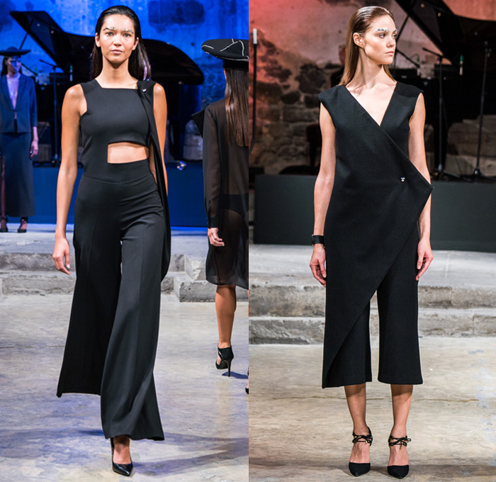 cihuah 2017-2018 Fall Winter Womens Runway Catwalk Looks - Mercedes-Benz Fashion Week Mexico City Moda Otoño Invierno 2017 MBFWMX - Outerwear Coatdress Geometric Peel Away Folded Dovetail Mullet High-low Sheer Chiffon Waterfall Skirt Bandeau Maxi Dress Peplum Cutout Hanging Sleeve Capelet Drapery One Shoulder Fins Turtleneck Vest Waistcoat Onesie Jumpsuit Coveralls Dungarees Dress Over Culottes Pleats Shorts Buttoned Hem Triangular Wide Leg Trousers Palazzo Pants Arm Warmers O-Ring Belt Angular Asymmetrical Hem Hat Sombrero