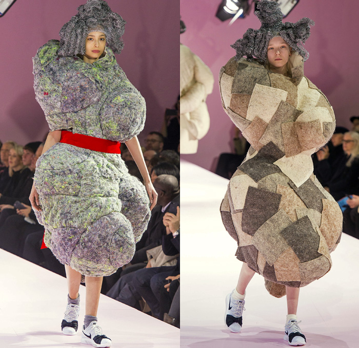Comme des Garçons Designer Rei Kawakubo 2017-2018 Fall Autumn Winter Womens Runway Catwalk Looks - Mode à Paris Fashion Week Mode Féminin France - The Future Of Silhouette Sculpture Organic Shape Structure Bubble Cocoon Sphere Ball Curves Shapes Metallic Foil Threads Sponge Wig Lamp Dress Recycled Papier-Mâché Pulp Glued Wool Futuristic Patches Skirt Frock Dress Frankenstein Football Padded Shoulders Lace Embroidery Embellishments Adornments Decorated Bedazzled Oversized Outerwear Coat Wrap Tie Up Ruffles Sheer Chiffon Volcano Holes Octopus Velvet Knit Bell Hem
