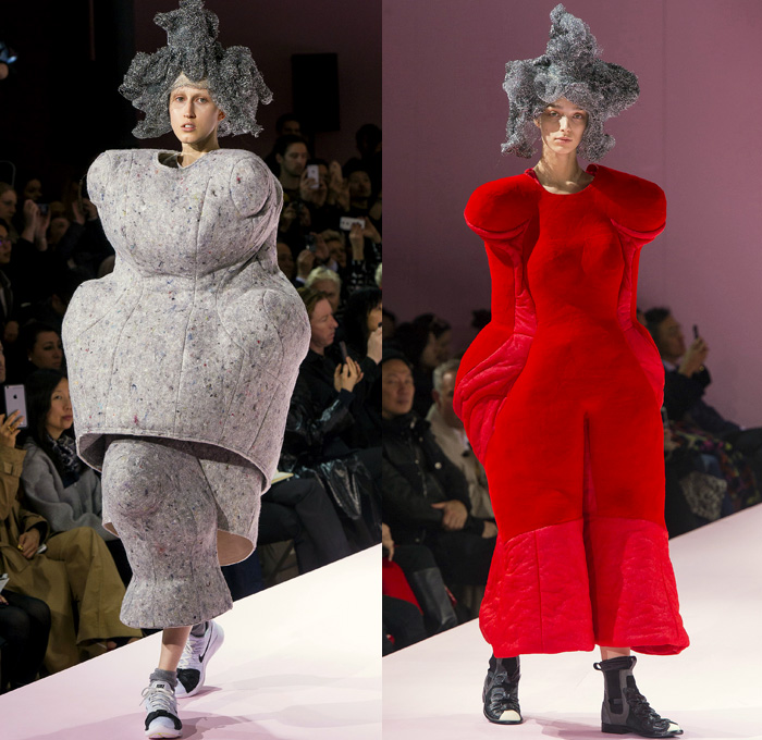 Comme des Garçons Designer Rei Kawakubo 2017-2018 Fall Autumn Winter Womens Runway Catwalk Looks - Mode à Paris Fashion Week Mode Féminin France - The Future Of Silhouette Sculpture Organic Shape Structure Bubble Cocoon Sphere Ball Curves Shapes Metallic Foil Threads Sponge Wig Lamp Dress Recycled Papier-Mâché Pulp Glued Wool Futuristic Patches Skirt Frock Dress Frankenstein Football Padded Shoulders Lace Embroidery Embellishments Adornments Decorated Bedazzled Oversized Outerwear Coat Wrap Tie Up Ruffles Sheer Chiffon Volcano Holes Octopus Velvet Knit Bell Hem