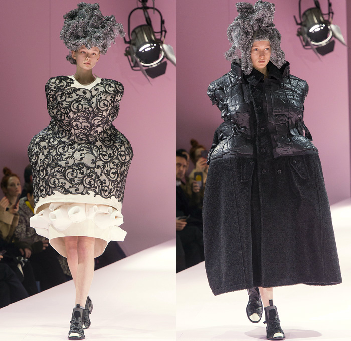 Comme des Garçons Designer Rei Kawakubo 2017-2018 Fall Autumn Winter Womens Runway Catwalk Looks - Mode à Paris Fashion Week Mode Féminin France - The Future Of Silhouette Sculpture Organic Shape Structure Bubble Cocoon Sphere Ball Curves Shapes Metallic Foil Threads Sponge Wig Lamp Dress Recycled Papier-Mâché Pulp Glued Wool Futuristic Patches Skirt Frock Dress Frankenstein Football Padded Shoulders Lace Embroidery Embellishments Adornments Decorated Bedazzled Oversized Outerwear Coat Wrap Tie Up Ruffles Sheer Chiffon Volcano Holes Octopus Velvet Knit Bell Hem