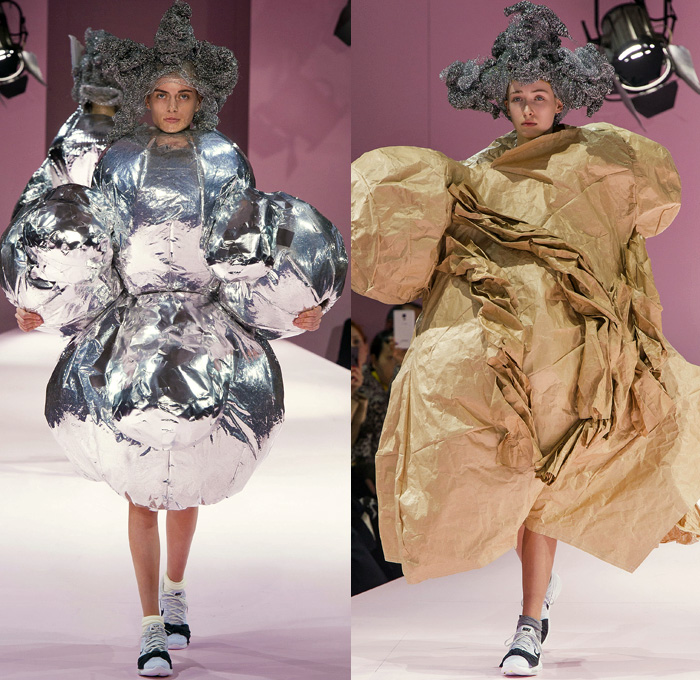 Comme des Garçons Designer Rei Kawakubo 2017-2018 Fall Autumn Winter Womens Runway Catwalk Looks - Mode à Paris Fashion Week Mode Féminin France - The Future Of Silhouette Sculpture Organic Shape Structure Bubble Cocoon Sphere Ball Curves Shapes Metallic Foil Threads Sponge Wig Lamp Dress Recycled Papier-Mâché Pulp Glued Wool Futuristic Patches Skirt Frock Dress Frankenstein Football Padded Shoulders Lace Embroidery Embellishments Adornments Decorated Bedazzled Oversized Outerwear Coat Wrap Tie Up Ruffles Sheer Chiffon Volcano Holes Octopus Velvet Knit Bell Hem