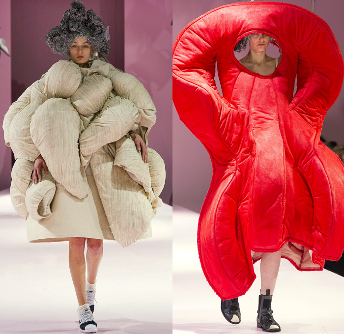 Comme des Garçons Designer Rei Kawakubo 2017-2018 Fall Autumn Winter Womens Runway Catwalk Looks - Mode à Paris Fashion Week Mode Féminin France - The Future Of Silhouette Sculpture Organic Shape Structure Bubble Cocoon Sphere Ball Curves Shapes Metallic Foil Threads Sponge Wig Lamp Dress Recycled Papier-Mâché Pulp Glued Wool Futuristic Patches Skirt Frock Dress Frankenstein Football Padded Shoulders Lace Embroidery Embellishments Adornments Decorated Bedazzled Oversized Outerwear Coat Wrap Tie Up Ruffles Sheer Chiffon Volcano Holes Octopus Velvet Knit Bell Hem