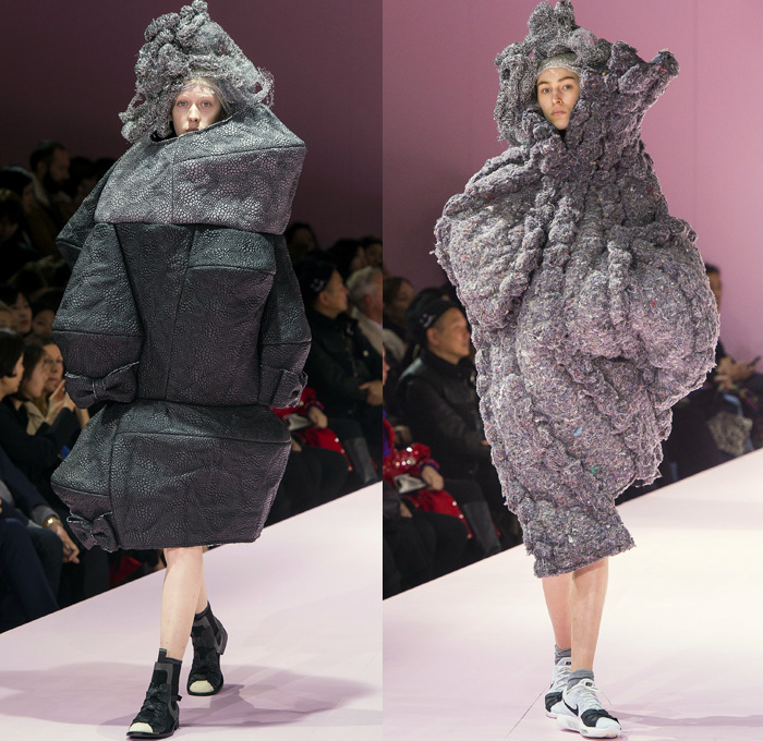 Comme des Garçons Designer Rei Kawakubo 2017-2018 Fall Autumn Winter Womens Runway Catwalk Looks - Mode à Paris Fashion Week Mode Féminin France - The Future Of Silhouette Sculpture Organic Shape Structure Bubble Cocoon Sphere Ball Curves Shapes Metallic Foil Threads Sponge Wig Lamp Dress Recycled Papier-Mâché Pulp Glued Wool Futuristic Patches Skirt Frock Dress Frankenstein Football Padded Shoulders Lace Embroidery Embellishments Adornments Decorated Bedazzled Oversized Outerwear Coat Wrap Tie Up Ruffles Sheer Chiffon Volcano Holes Octopus Velvet Knit Bell Hem