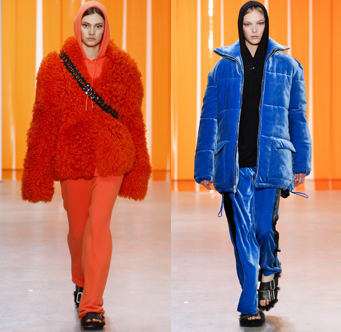 Dion Lee 2017-2018 Fall Autumn Winter Womens Runway Catwalk Looks - New York Fashion Week NYFW - Military Officer Cargo Pockets Oversized Shaggy Plush Fur Outerwear Coat Parka Quilted Waffle Puffer Chainlink Hooded Sweatshirt Velour Velvet V-Neck Lace Up Triangle Connector Kimono Wrap Robe Vest Waistcoat Knit Turtleneck Cardigan Ribbed Sweater Jumper One Shoulder Camouflage Jungle Slouchy Trousers Trackpants Accordion Pleats Tuxedo Stripe Dress Over Pants Culottes Noodle Strap Silk Satin Furry Sandals Knapsack Kit Bag Rucksack High Tops Boots