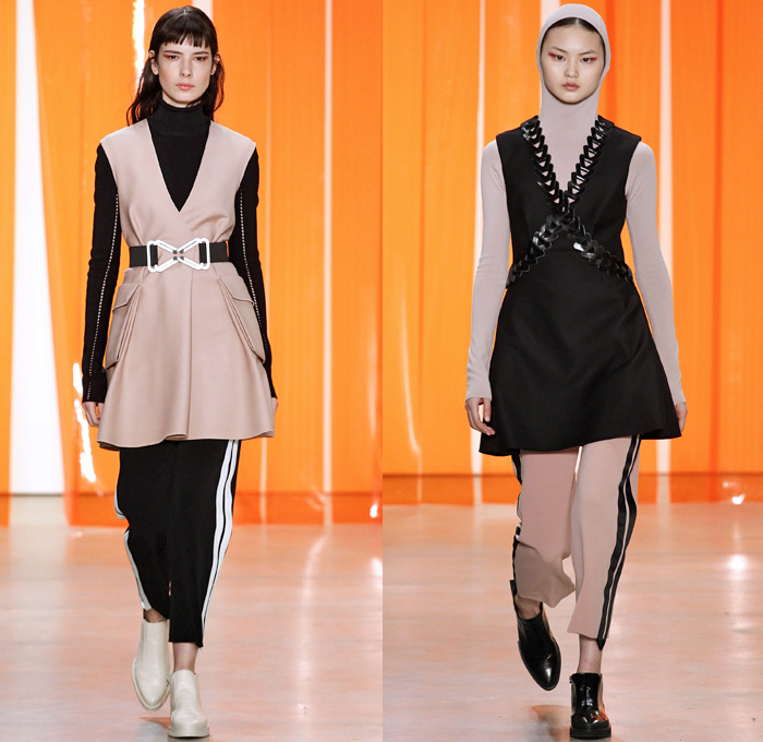 Dion Lee 2017-2018 Fall Autumn Winter Womens Runway Catwalk Looks - New York Fashion Week NYFW - Military Officer Cargo Pockets Oversized Shaggy Plush Fur Outerwear Coat Parka Quilted Waffle Puffer Chainlink Hooded Sweatshirt Velour Velvet V-Neck Lace Up Triangle Connector Kimono Wrap Robe Vest Waistcoat Knit Turtleneck Cardigan Ribbed Sweater Jumper One Shoulder Camouflage Jungle Slouchy Trousers Trackpants Accordion Pleats Tuxedo Stripe Dress Over Pants Culottes Noodle Strap Silk Satin Furry Sandals Knapsack Kit Bag Rucksack High Tops Boots