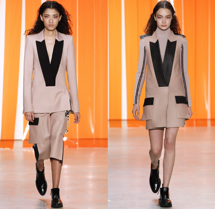 Dion Lee 2017-2018 Fall Autumn Winter Womens Runway Catwalk Looks - New York Fashion Week NYFW - Military Officer Cargo Pockets Oversized Shaggy Plush Fur Outerwear Coat Parka Quilted Waffle Puffer Chainlink Hooded Sweatshirt Velour Velvet V-Neck Lace Up Triangle Connector Kimono Wrap Robe Vest Waistcoat Knit Turtleneck Cardigan Ribbed Sweater Jumper One Shoulder Camouflage Jungle Slouchy Trousers Trackpants Accordion Pleats Tuxedo Stripe Dress Over Pants Culottes Noodle Strap Silk Satin Furry Sandals Knapsack Kit Bag Rucksack High Tops Boots