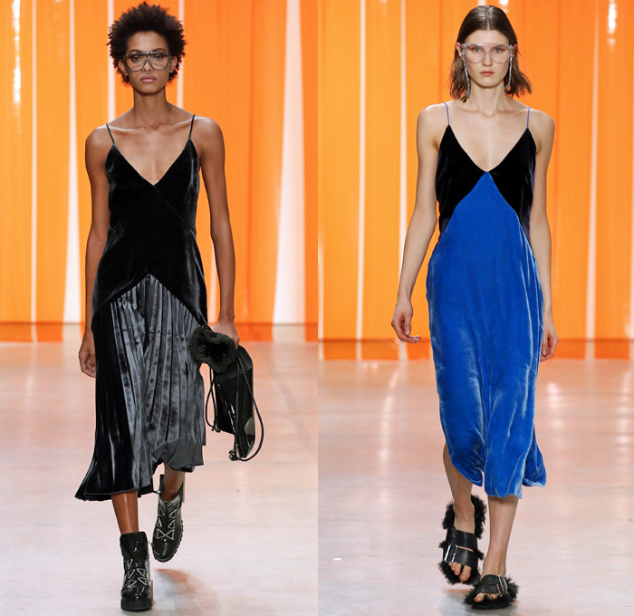 Dion Lee 2017-2018 Fall Autumn Winter Womens Runway Catwalk Looks - New York Fashion Week NYFW - Military Officer Cargo Pockets Oversized Shaggy Plush Fur Outerwear Coat Parka Quilted Waffle Puffer Chainlink Hooded Sweatshirt Velour Velvet V-Neck Lace Up Triangle Connector Kimono Wrap Robe Vest Waistcoat Knit Turtleneck Cardigan Ribbed Sweater Jumper One Shoulder Camouflage Jungle Slouchy Trousers Trackpants Accordion Pleats Tuxedo Stripe Dress Over Pants Culottes Noodle Strap Silk Satin Furry Sandals Knapsack Kit Bag Rucksack High Tops Boots