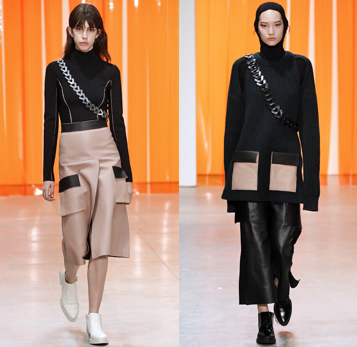 Dion Lee 2017-2018 Fall Autumn Winter Womens Runway Catwalk Looks - New York Fashion Week NYFW - Military Officer Cargo Pockets Oversized Shaggy Plush Fur Outerwear Coat Parka Quilted Waffle Puffer Chainlink Hooded Sweatshirt Velour Velvet V-Neck Lace Up Triangle Connector Kimono Wrap Robe Vest Waistcoat Knit Turtleneck Cardigan Ribbed Sweater Jumper One Shoulder Camouflage Jungle Slouchy Trousers Trackpants Accordion Pleats Tuxedo Stripe Dress Over Pants Culottes Noodle Strap Silk Satin Furry Sandals Knapsack Kit Bag Rucksack High Tops Boots
