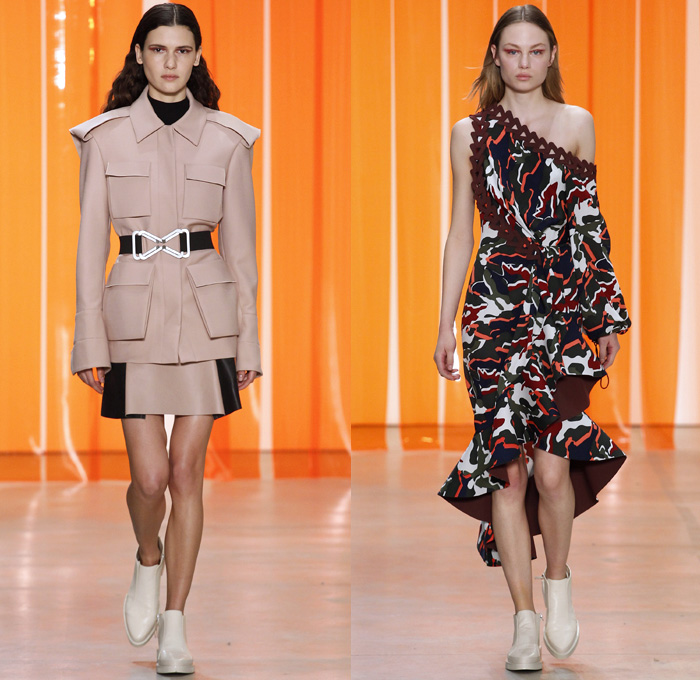 Dion Lee 2017-2018 Fall Autumn Winter Womens Runway Catwalk Looks - New York Fashion Week NYFW - Military Officer Cargo Pockets Oversized Shaggy Plush Fur Outerwear Coat Parka Quilted Waffle Puffer Chainlink Hooded Sweatshirt Velour Velvet V-Neck Lace Up Triangle Connector Kimono Wrap Robe Vest Waistcoat Knit Turtleneck Cardigan Ribbed Sweater Jumper One Shoulder Camouflage Jungle Slouchy Trousers Trackpants Accordion Pleats Tuxedo Stripe Dress Over Pants Culottes Noodle Strap Silk Satin Furry Sandals Knapsack Kit Bag Rucksack High Tops Boots