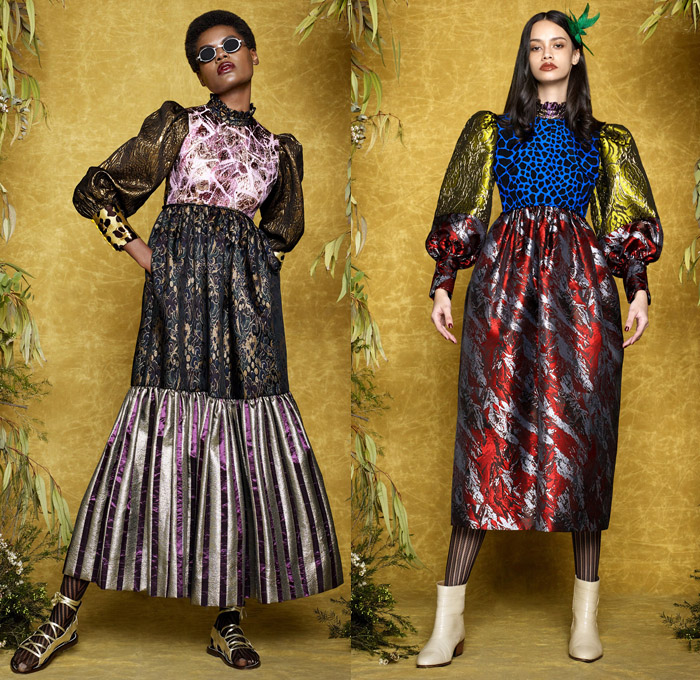 Duro Olowu 2017-2018 Fall Autumn Winter Womens Lookbook Presentation - London Fashion Week Collections British Fashion Council UK United Kingdom - Prince Of Wales Check Diamond Shape Mix Match Mash Up Ornamental Decorative Art Prints Patterns Geometric Leg O'Mutton Sleeves Maxi Dress Silk Satin Sheen Brocade Jacquard Polka Dots Ethnic Folk Abstract Ruffles Pleats Flowers Floral Plaid Tartan Lattice Check Outerwear Coat Cape Hanging Sleeve Jacket Kimono Robe Wrap Skirt Frock Stripes Tiger Plush Fur Shearling Noodle Spaghetti Strap Fringes Wide Leg Palazzo Pants Harem Trousers Long Sleeve Shirt Blouse Pussycat Bow Sunglasses Straps Tights Hosiery Chelsea Boots Headwear Scarf