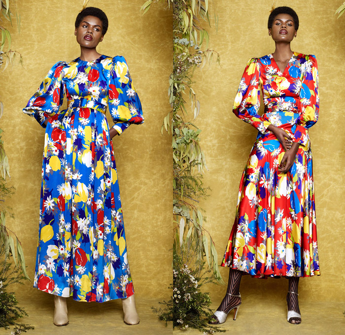 Duro Olowu 2017-2018 Fall Autumn Winter Womens Lookbook Presentation - London Fashion Week Collections British Fashion Council UK United Kingdom - Prince Of Wales Check Diamond Shape Mix Match Mash Up Ornamental Decorative Art Prints Patterns Geometric Leg O'Mutton Sleeves Maxi Dress Silk Satin Sheen Brocade Jacquard Polka Dots Ethnic Folk Abstract Ruffles Pleats Flowers Floral Plaid Tartan Lattice Check Outerwear Coat Cape Hanging Sleeve Jacket Kimono Robe Wrap Skirt Frock Stripes Tiger Plush Fur Shearling Noodle Spaghetti Strap Fringes Wide Leg Palazzo Pants Harem Trousers Long Sleeve Shirt Blouse Pussycat Bow Sunglasses Straps Tights Hosiery Chelsea Boots Headwear Scarf