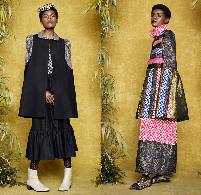 Duro Olowu 2017-2018 Fall Autumn Winter Womens Lookbook Presentation - London Fashion Week Collections British Fashion Council UK United Kingdom - Prince Of Wales Check Diamond Shape Mix Match Mash Up Ornamental Decorative Art Prints Patterns Geometric Leg O'Mutton Sleeves Maxi Dress Silk Satin Sheen Brocade Jacquard Polka Dots Ethnic Folk Abstract Ruffles Pleats Flowers Floral Plaid Tartan Lattice Check Outerwear Coat Cape Hanging Sleeve Jacket Kimono Robe Wrap Skirt Frock Stripes Tiger Plush Fur Shearling Noodle Spaghetti Strap Fringes Wide Leg Palazzo Pants Harem Trousers Long Sleeve Shirt Blouse Pussycat Bow Sunglasses Straps Tights Hosiery Chelsea Boots Headwear Scarf