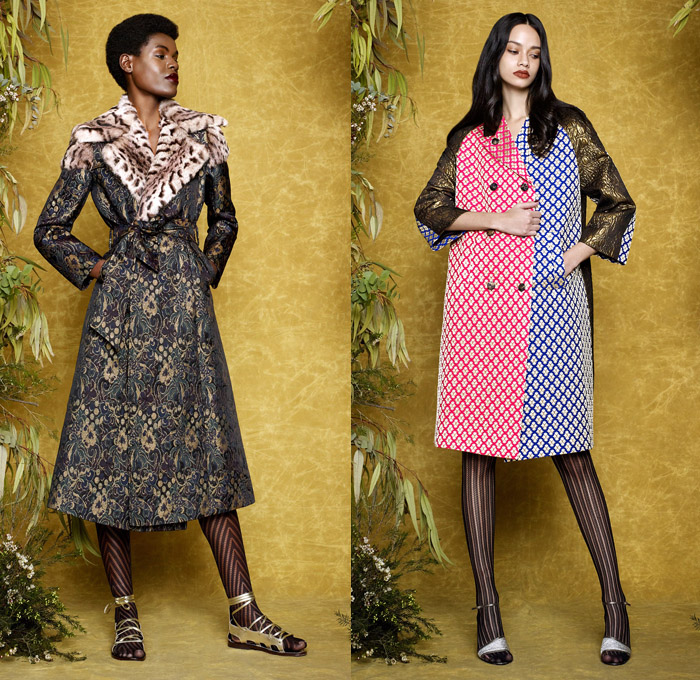 Duro Olowu 2017-2018 Fall Autumn Winter Womens Lookbook Presentation - London Fashion Week Collections British Fashion Council UK United Kingdom - Prince Of Wales Check Diamond Shape Mix Match Mash Up Ornamental Decorative Art Prints Patterns Geometric Leg O'Mutton Sleeves Maxi Dress Silk Satin Sheen Brocade Jacquard Polka Dots Ethnic Folk Abstract Ruffles Pleats Flowers Floral Plaid Tartan Lattice Check Outerwear Coat Cape Hanging Sleeve Jacket Kimono Robe Wrap Skirt Frock Stripes Tiger Plush Fur Shearling Noodle Spaghetti Strap Fringes Wide Leg Palazzo Pants Harem Trousers Long Sleeve Shirt Blouse Pussycat Bow Sunglasses Straps Tights Hosiery Chelsea Boots Headwear Scarf