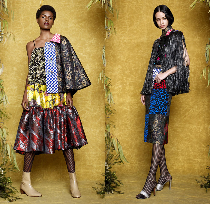 Duro Olowu 2017-2018 Fall Autumn Winter Womens Lookbook Presentation - London Fashion Week Collections British Fashion Council UK United Kingdom - Prince Of Wales Check Diamond Shape Mix Match Mash Up Ornamental Decorative Art Prints Patterns Geometric Leg O'Mutton Sleeves Maxi Dress Silk Satin Sheen Brocade Jacquard Polka Dots Ethnic Folk Abstract Ruffles Pleats Flowers Floral Plaid Tartan Lattice Check Outerwear Coat Cape Hanging Sleeve Jacket Kimono Robe Wrap Skirt Frock Stripes Tiger Plush Fur Shearling Noodle Spaghetti Strap Fringes Wide Leg Palazzo Pants Harem Trousers Long Sleeve Shirt Blouse Pussycat Bow Sunglasses Straps Tights Hosiery Chelsea Boots Headwear Scarf