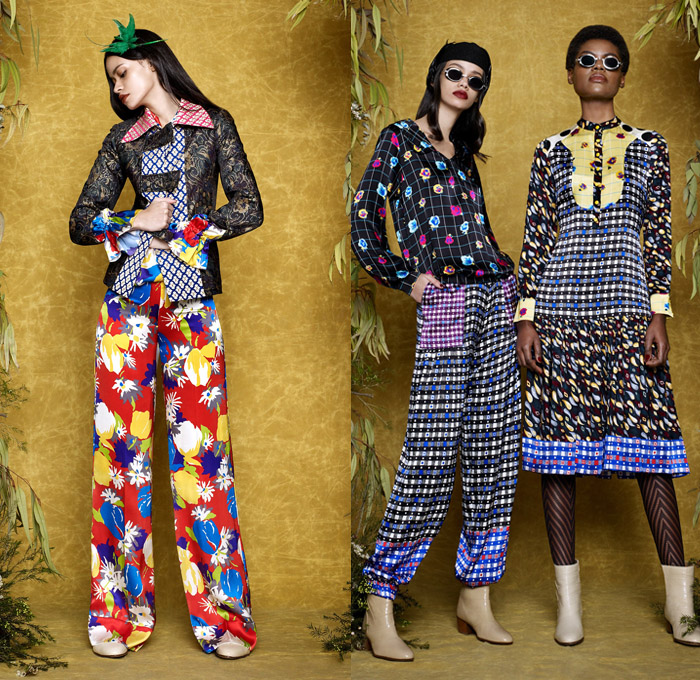 Duro Olowu 2017-2018 Fall Autumn Winter Womens Lookbook Presentation - London Fashion Week Collections British Fashion Council UK United Kingdom - Prince Of Wales Check Diamond Shape Mix Match Mash Up Ornamental Decorative Art Prints Patterns Geometric Leg O'Mutton Sleeves Maxi Dress Silk Satin Sheen Brocade Jacquard Polka Dots Ethnic Folk Abstract Ruffles Pleats Flowers Floral Plaid Tartan Lattice Check Outerwear Coat Cape Hanging Sleeve Jacket Kimono Robe Wrap Skirt Frock Stripes Tiger Plush Fur Shearling Noodle Spaghetti Strap Fringes Wide Leg Palazzo Pants Harem Trousers Long Sleeve Shirt Blouse Pussycat Bow Sunglasses Straps Tights Hosiery Chelsea Boots Headwear Scarf