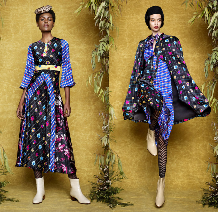 Duro Olowu 2017-2018 Fall Autumn Winter Womens Lookbook Presentation - London Fashion Week Collections British Fashion Council UK United Kingdom - Prince Of Wales Check Diamond Shape Mix Match Mash Up Ornamental Decorative Art Prints Patterns Geometric Leg O'Mutton Sleeves Maxi Dress Silk Satin Sheen Brocade Jacquard Polka Dots Ethnic Folk Abstract Ruffles Pleats Flowers Floral Plaid Tartan Lattice Check Outerwear Coat Cape Hanging Sleeve Jacket Kimono Robe Wrap Skirt Frock Stripes Tiger Plush Fur Shearling Noodle Spaghetti Strap Fringes Wide Leg Palazzo Pants Harem Trousers Long Sleeve Shirt Blouse Pussycat Bow Sunglasses Straps Tights Hosiery Chelsea Boots Headwear Scarf