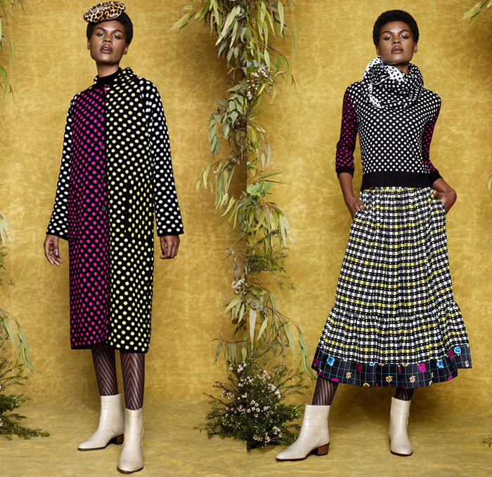 Duro Olowu 2017-2018 Fall Autumn Winter Womens Lookbook Presentation - London Fashion Week Collections British Fashion Council UK United Kingdom - Prince Of Wales Check Diamond Shape Mix Match Mash Up Ornamental Decorative Art Prints Patterns Geometric Leg O'Mutton Sleeves Maxi Dress Silk Satin Sheen Brocade Jacquard Polka Dots Ethnic Folk Abstract Ruffles Pleats Flowers Floral Plaid Tartan Lattice Check Outerwear Coat Cape Hanging Sleeve Jacket Kimono Robe Wrap Skirt Frock Stripes Tiger Plush Fur Shearling Noodle Spaghetti Strap Fringes Wide Leg Palazzo Pants Harem Trousers Long Sleeve Shirt Blouse Pussycat Bow Sunglasses Straps Tights Hosiery Chelsea Boots Headwear Scarf