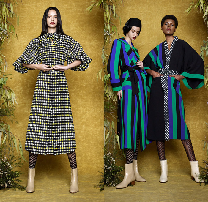 Duro Olowu 2017-2018 Fall Autumn Winter Womens Lookbook Presentation - London Fashion Week Collections British Fashion Council UK United Kingdom - Prince Of Wales Check Diamond Shape Mix Match Mash Up Ornamental Decorative Art Prints Patterns Geometric Leg O'Mutton Sleeves Maxi Dress Silk Satin Sheen Brocade Jacquard Polka Dots Ethnic Folk Abstract Ruffles Pleats Flowers Floral Plaid Tartan Lattice Check Outerwear Coat Cape Hanging Sleeve Jacket Kimono Robe Wrap Skirt Frock Stripes Tiger Plush Fur Shearling Noodle Spaghetti Strap Fringes Wide Leg Palazzo Pants Harem Trousers Long Sleeve Shirt Blouse Pussycat Bow Sunglasses Straps Tights Hosiery Chelsea Boots Headwear Scarf