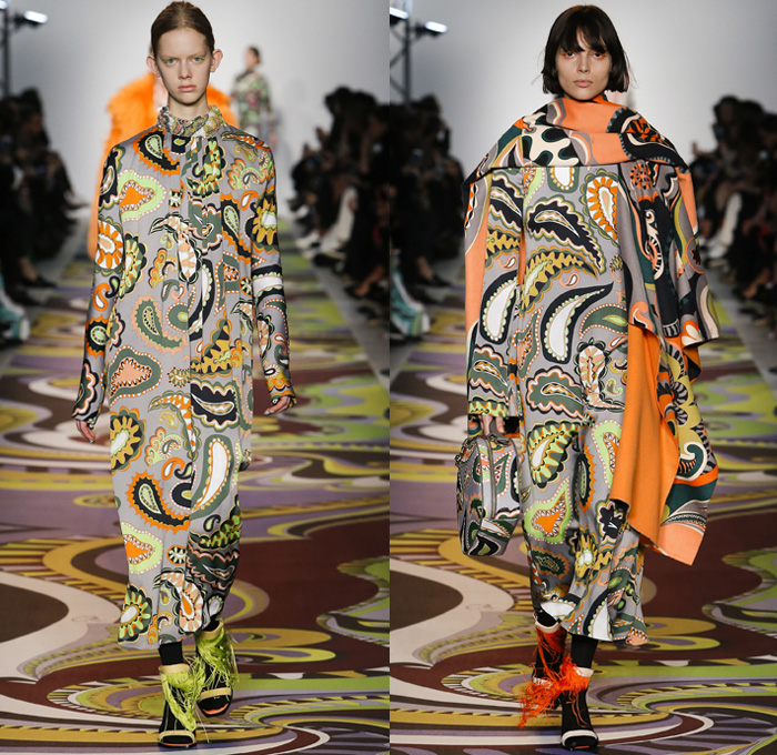 Emilio Pucci 2017-2018 Fall Autumn Winter Womens Runway Catwalk Looks - Milano Moda Donna Collezione Milan Fashion Week Italy - Psychedelic Textures Fringes Paisley Embroidery Embellishments Decorated Bedazzled Jewels Copper Bronze Metallic Studs Maxi Dress Goddess Gown Eveningwear Cutout Turtleneck Sheer Chiffon Drapery Cinch Drawstring Cape Pants Trousers Slouchy Elongated Sleeves Neon Green One Shoulder Scarf Wrap Around Leggings Tights Pleats Choker Shawl Sleeveless Geometric Disco Harlequin Checkerboard Racing Check Zebra Stripes Half And Half Asymmetrical Hem Pantsuit Liquid Pattern Silk Satin Handbag Satchel Carry On Luggage Floppy Sun Hat