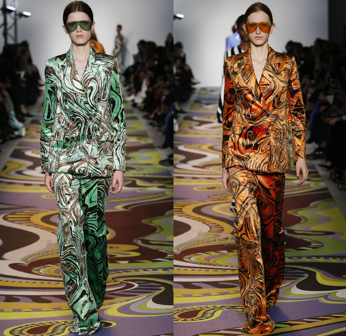 Emilio Pucci 2017-2018 Fall Autumn Winter Womens Runway Catwalk Looks - Milano Moda Donna Collezione Milan Fashion Week Italy - Psychedelic Textures Fringes Paisley Embroidery Embellishments Decorated Bedazzled Jewels Copper Bronze Metallic Studs Maxi Dress Goddess Gown Eveningwear Cutout Turtleneck Sheer Chiffon Drapery Cinch Drawstring Cape Pants Trousers Slouchy Elongated Sleeves Neon Green One Shoulder Scarf Wrap Around Leggings Tights Pleats Choker Shawl Sleeveless Geometric Disco Harlequin Checkerboard Racing Check Zebra Stripes Half And Half Asymmetrical Hem Pantsuit Liquid Pattern Silk Satin Handbag Satchel Carry On Luggage Floppy Sun Hat