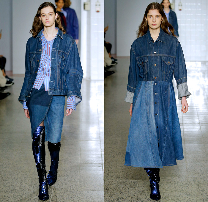 Erika Cavallini 2017-2018 Fall Autumn Winter Womens Runway Catwalk Looks - Milano Moda Donna Collezione Milan Fashion Week Italy Camera Nazionale della Moda Italiana - Denim Jeans Wide Sleeves Strapless Dress Deconstructed Twisted Oversized Repurposed Assemblage Surplus Blouse Long Sleeve Shirt Asymmetrical Hem Off Buttons Stripes Pinstripe Trackjacket Sweatshirt Ruffles Cardigan Pantsuit Turtleneck Knit Sweater Onesie Jumpsuit Coveralls Blazerall Frankenstein Football Padded Shoulders Wool Half & Half Outerwear Trench Coat Plaid Tartan Check Sweaterdress Crop Top Midriff  Silk Satin Straps Elongated Sleeves Maxi Dress Goddess Gown Wrap Kimono Flowers Floral Leaves Foliage Bedazzled Sequins Above The Knee Boots