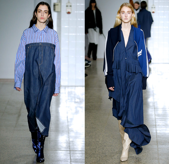 Erika Cavallini 2017-2018 Fall Autumn Winter Womens Runway Catwalk Looks - Milano Moda Donna Collezione Milan Fashion Week Italy Camera Nazionale della Moda Italiana - Denim Jeans Wide Sleeves Strapless Dress Deconstructed Twisted Oversized Repurposed Assemblage Surplus Blouse Long Sleeve Shirt Asymmetrical Hem Off Buttons Stripes Pinstripe Trackjacket Sweatshirt Ruffles Cardigan Pantsuit Turtleneck Knit Sweater Onesie Jumpsuit Coveralls Blazerall Frankenstein Football Padded Shoulders Wool Half & Half Outerwear Trench Coat Plaid Tartan Check Sweaterdress Crop Top Midriff  Silk Satin Straps Elongated Sleeves Maxi Dress Goddess Gown Wrap Kimono Flowers Floral Leaves Foliage Bedazzled Sequins Above The Knee Boots
