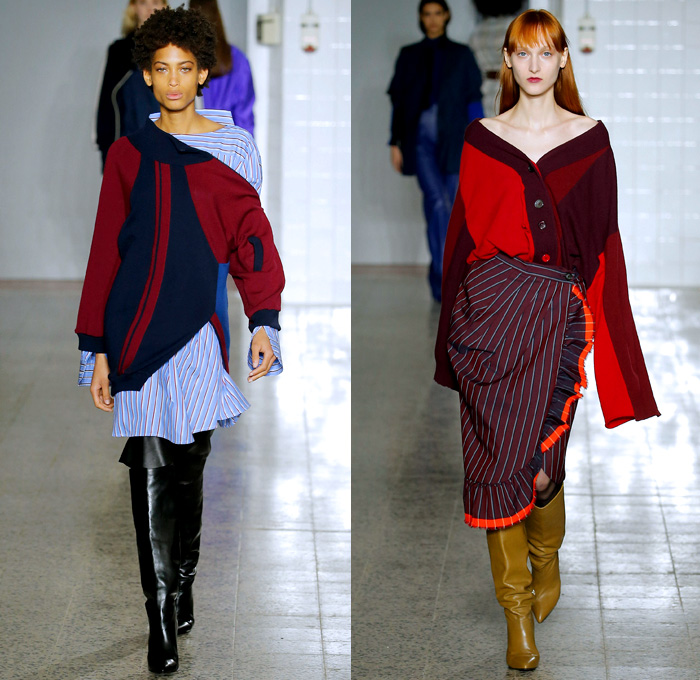 Erika Cavallini 2017-2018 Fall Autumn Winter Womens Runway Catwalk Looks - Milano Moda Donna Collezione Milan Fashion Week Italy Camera Nazionale della Moda Italiana - Denim Jeans Wide Sleeves Strapless Dress Deconstructed Twisted Oversized Repurposed Assemblage Surplus Blouse Long Sleeve Shirt Asymmetrical Hem Off Buttons Stripes Pinstripe Trackjacket Sweatshirt Ruffles Cardigan Pantsuit Turtleneck Knit Sweater Onesie Jumpsuit Coveralls Blazerall Frankenstein Football Padded Shoulders Wool Half & Half Outerwear Trench Coat Plaid Tartan Check Sweaterdress Crop Top Midriff  Silk Satin Straps Elongated Sleeves Maxi Dress Goddess Gown Wrap Kimono Flowers Floral Leaves Foliage Bedazzled Sequins Above The Knee Boots