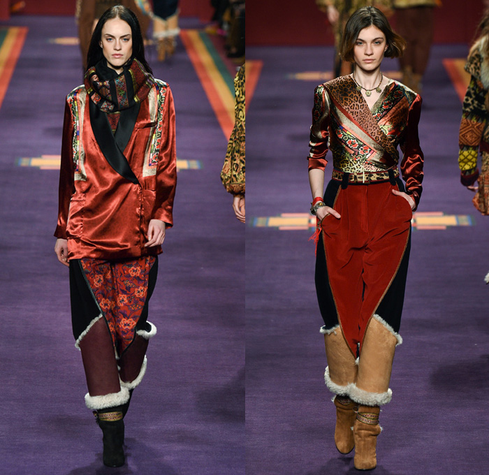 Etro 2017-2018 Fall Autumn Winter Runway Catwalk Looks - Milano Moda Donna Collezione Milan Fashion Week Italy - 1960s Sixties 1970s Seventies Kaftan Paisley Ethnic Folk Tribal Central Asia Northern Europe Brocade Ornamental Print Decorative Art Silk Satin Maxi Dress Cinch Shirtdress Geometric Stripes Flowers Floral Leopard One Shoulder Capelet Sheer Chiffon Accordion Pleats Embroidery Decorated Bedazzled Bishop Sleeves Kimono Wrap Robe Outerwear Coat Parka Houndstooth Quilted Waffle Puffer Jacket Shorts Chunky Knit Yarn Loops Crossbody Messenger Bag Shearling Fur Boots