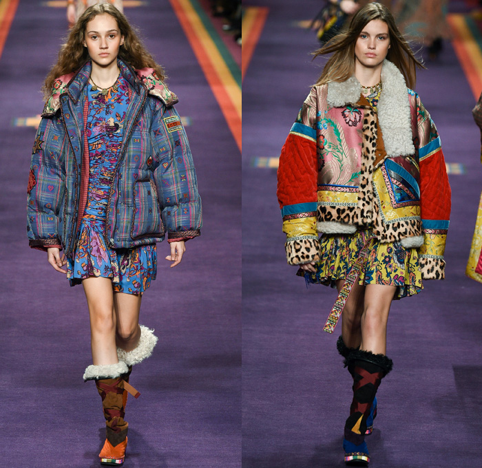 Etro 2017-2018 Fall Autumn Winter Runway Catwalk Looks - Milano Moda Donna Collezione Milan Fashion Week Italy - 1960s Sixties 1970s Seventies Kaftan Paisley Ethnic Folk Tribal Central Asia Northern Europe Brocade Ornamental Print Decorative Art Silk Satin Maxi Dress Cinch Shirtdress Geometric Stripes Flowers Floral Leopard One Shoulder Capelet Sheer Chiffon Accordion Pleats Embroidery Decorated Bedazzled Bishop Sleeves Kimono Wrap Robe Outerwear Coat Parka Houndstooth Quilted Waffle Puffer Jacket Shorts Chunky Knit Yarn Loops Crossbody Messenger Bag Shearling Fur Boots