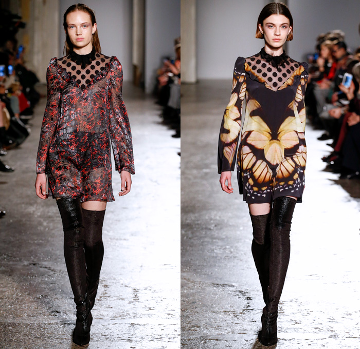 Francesco Scognamiglio 2017-2018 Fall Autumn Winter Womens Runway Catwalk Looks - Milano Moda Donna Collezione Milan Fashion Week Italy - Butterfly Wings Print Motif Symmetry Pattern Maxi Dress Goddess Gown Eveningwear Sheer Chiffon Cutout Perforated Lasercut Outerwear Jacket Skirt Frock Embellishments Decorated Bedazzled Bejeweled Metallic Studs Pants Trousers Furry Shaggy Plush Shorts Over Pants Ruffles Long Sleeve Blouse Pencil Skirt Velvet Leg O'Mutton Sleeves Polka Dots Noodle Spaghetti Strap Thigh High Boots